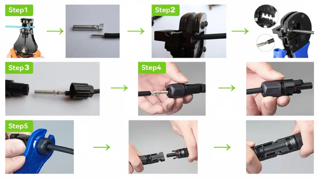 Step-by-step diagram showing how to crimp mc4 connectors, male and female pins