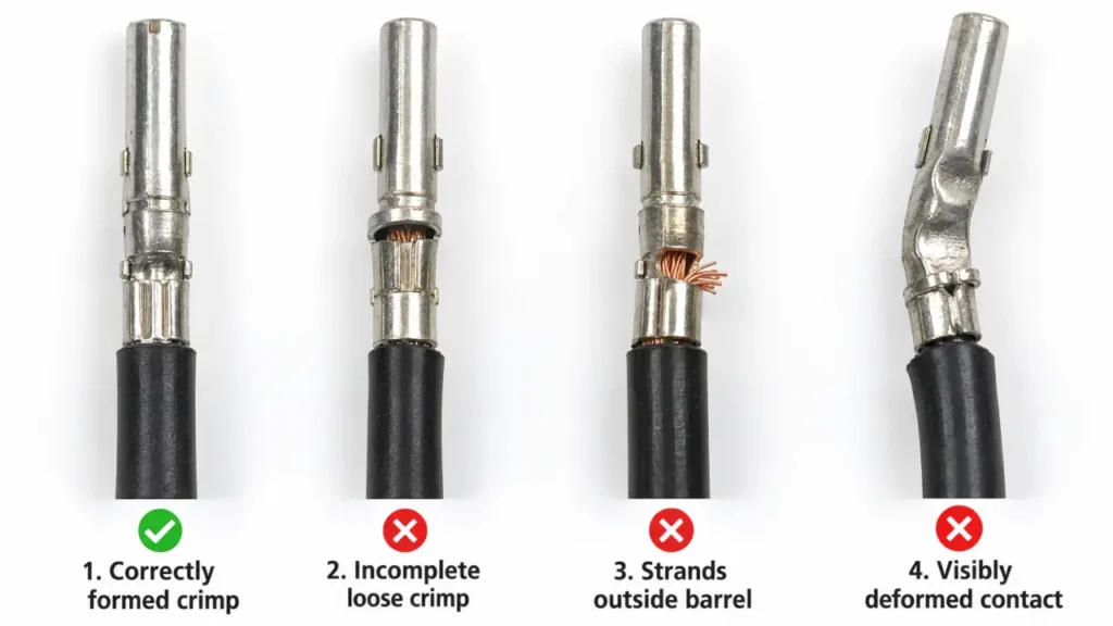 Good and bad PV connector crimp examples with damaged strands and incorrect contact positioning