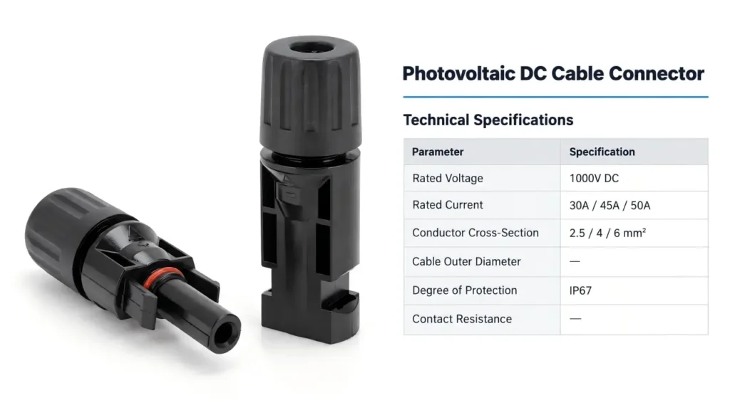 MC4 connector specifications including voltage current wire size and IP rating