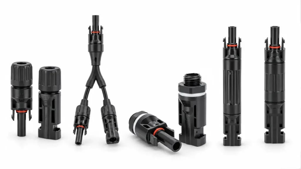 MC4 connector types including inline branch panel-mount fuse and diode PV connectors