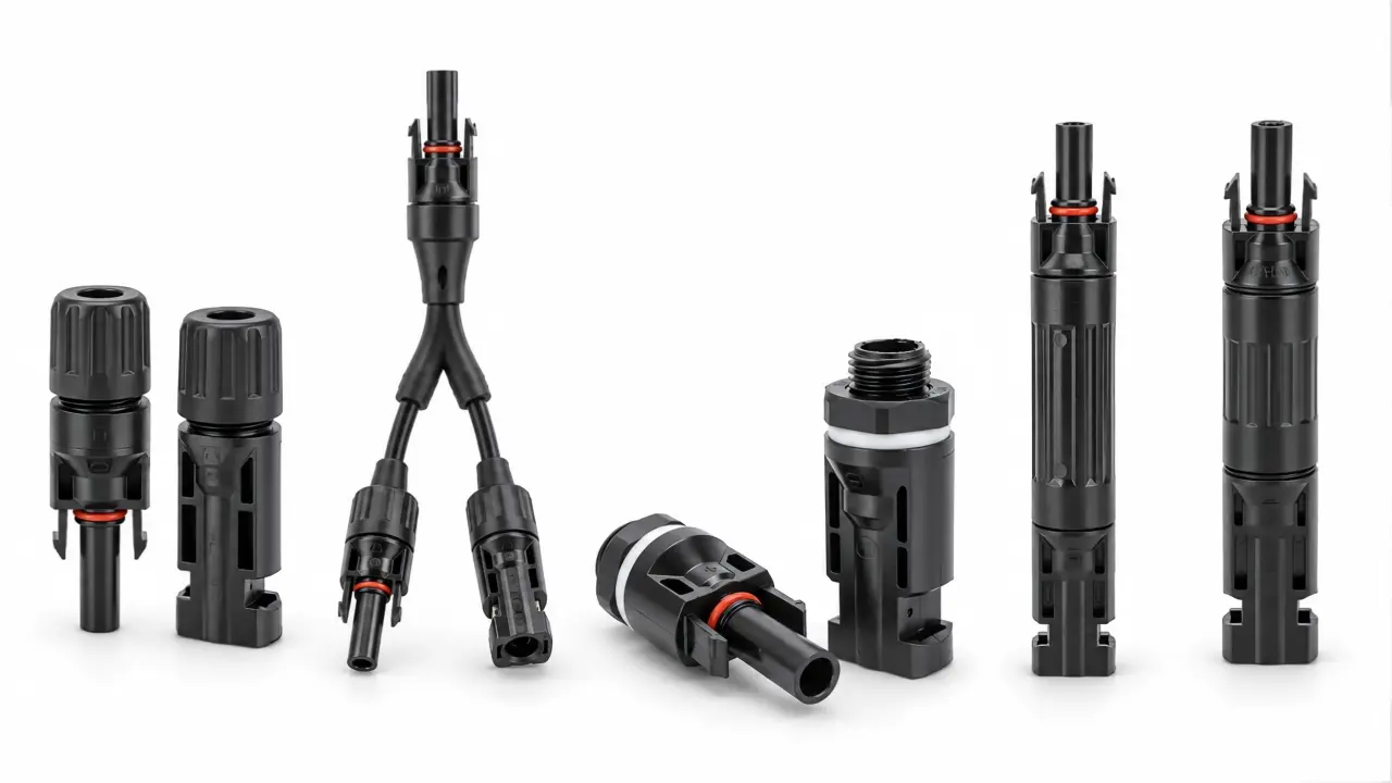 MC4 connector types including inline branch panel-mount fuse and diode PV connectors