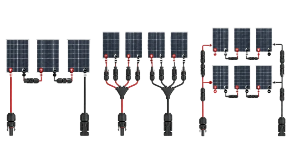MC4 connector wiring diagram showing series parallel and series-parallel solar connections