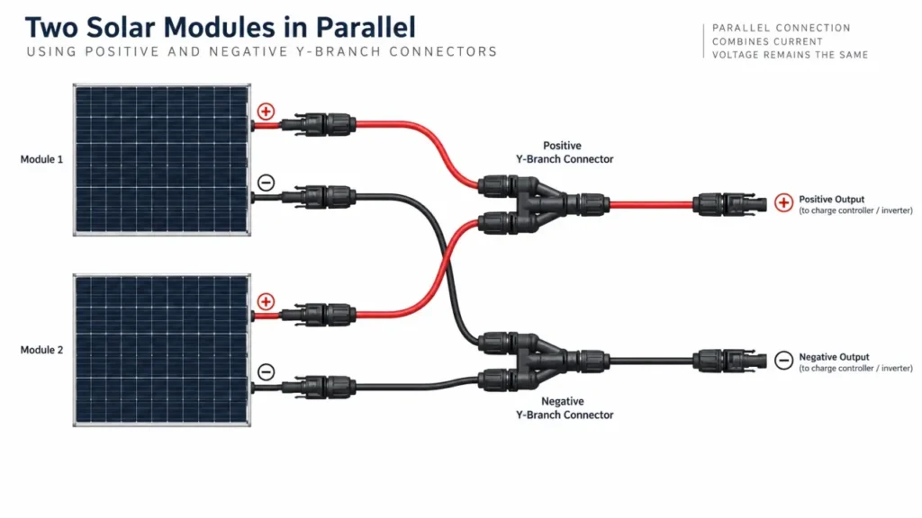MC4 parallel wiring diagram showing two solar panels connected with branch connectors
