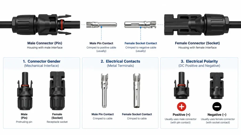 MC4 connector polarity diagram showing that male and female do not independently identify positive and negative