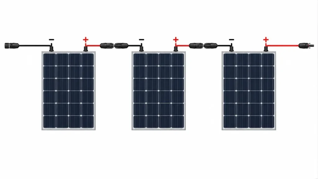 MC4 series wiring diagram for three solar panels showing voltage addition