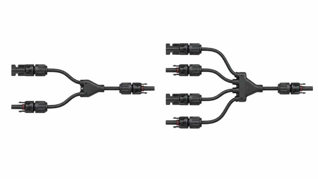 PV branch connector diagram showing 2-to-1 and 4-to-1 parallel connections