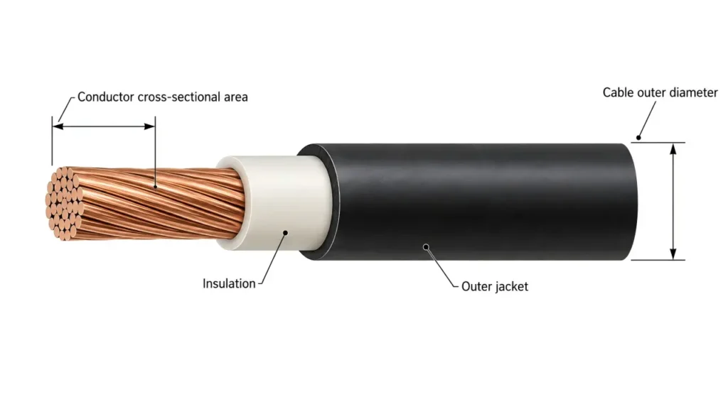 Difference between PV cable conductor cross-section and cable outer diameter for solar connectors