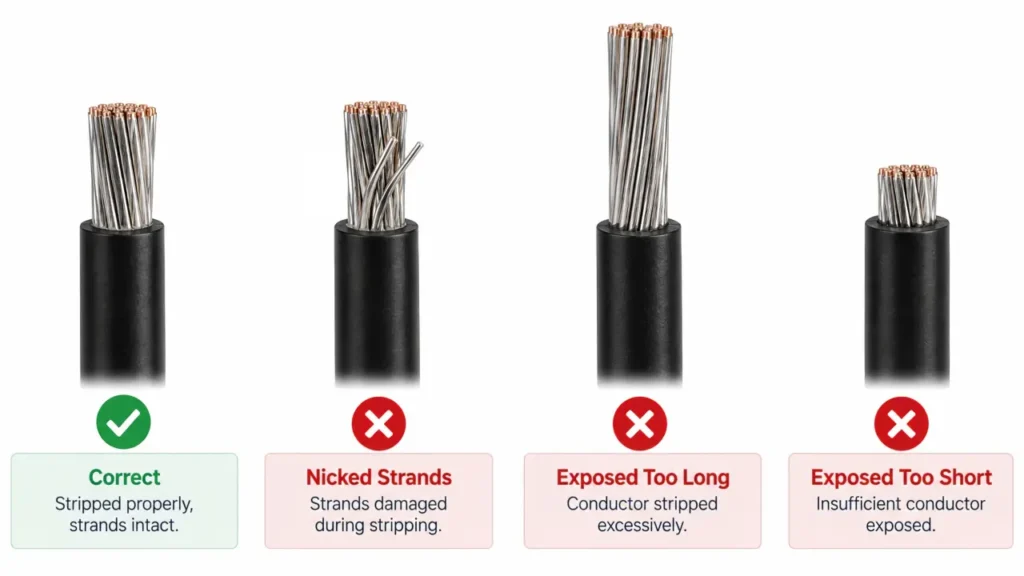 Correct and incorrect PV cable stripping before connector crimping