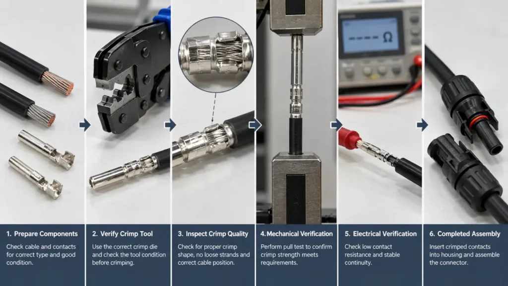 PV connector crimp quality control process from tooling verification to pull and electrical testing