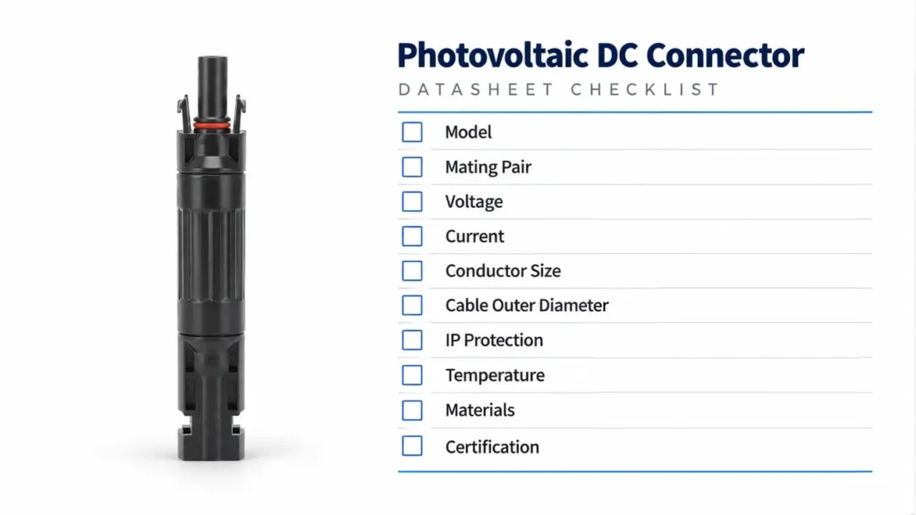 PV connector specification sheet checklist for voltage current cable size IP rating and certification
