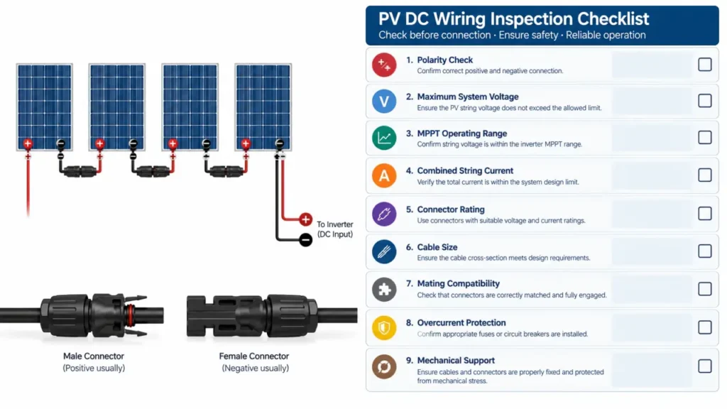 PV connector wiring checklist for polarity voltage current cable protection and mating compatibility