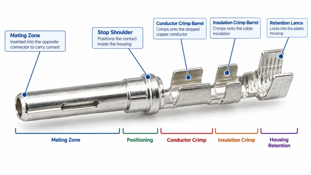 PV connector crimp contact showing mating crimp and housing retention zones