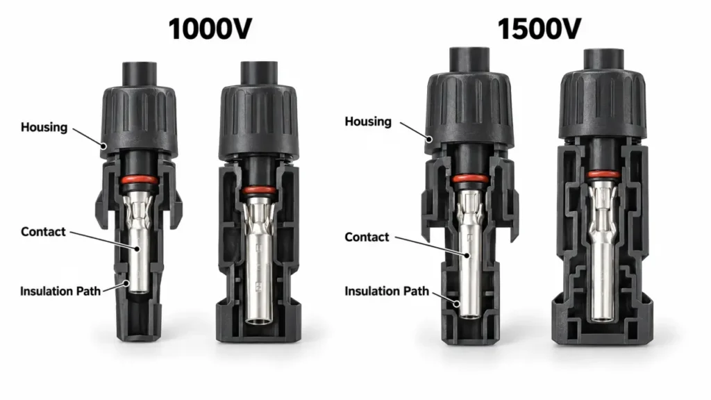1000V and 1500V solar connector insulation and housing design comparison