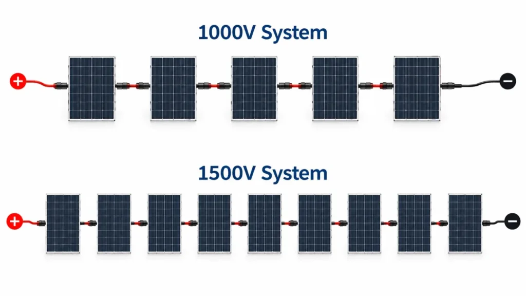 1000V vs 1500V PV string showing different possible series string lengths