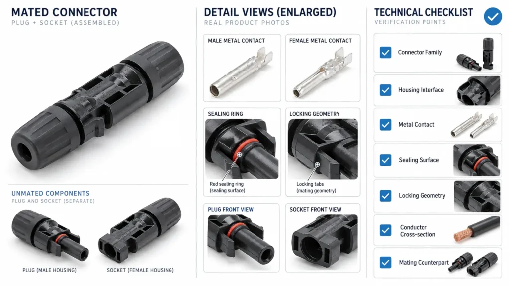 MC4 connector compatibility showing physical mating versus verified PV connector compatibility