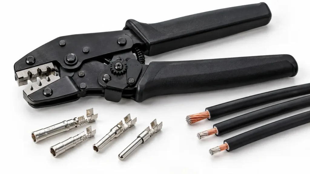 MC4 crimping tool with PV connector contacts and 2.5 4 6 mm² solar cable