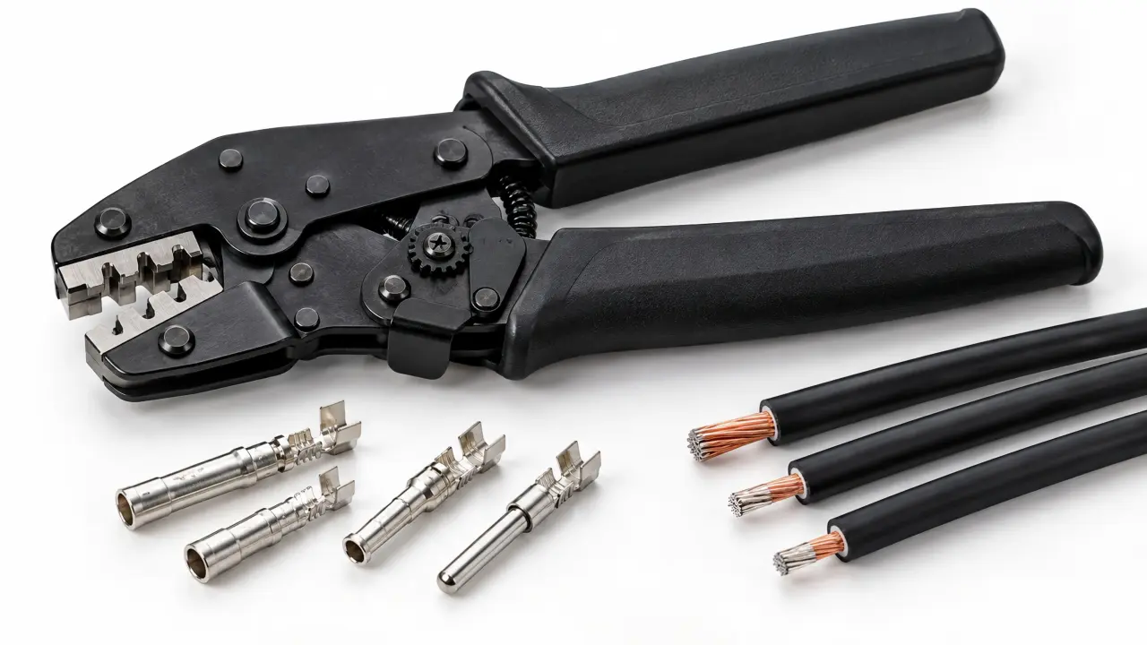 MC4 crimping tool with PV connector contacts and 2.5 4 6 mm² solar cable