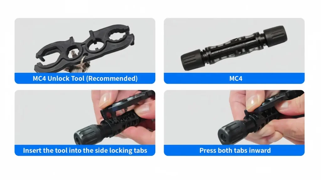 MC4 disconnect tool releasing PV connector locking tabs