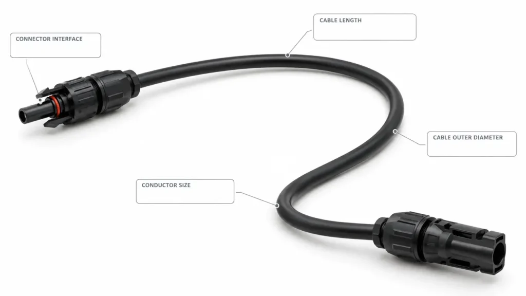 MC4 extension cable showing solar cable length connector and conductor size selection