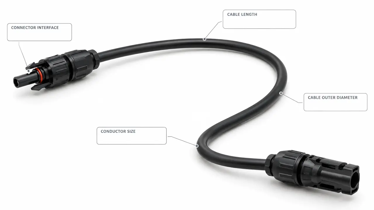 MC4 extension cable showing solar cable length connector and conductor size selection