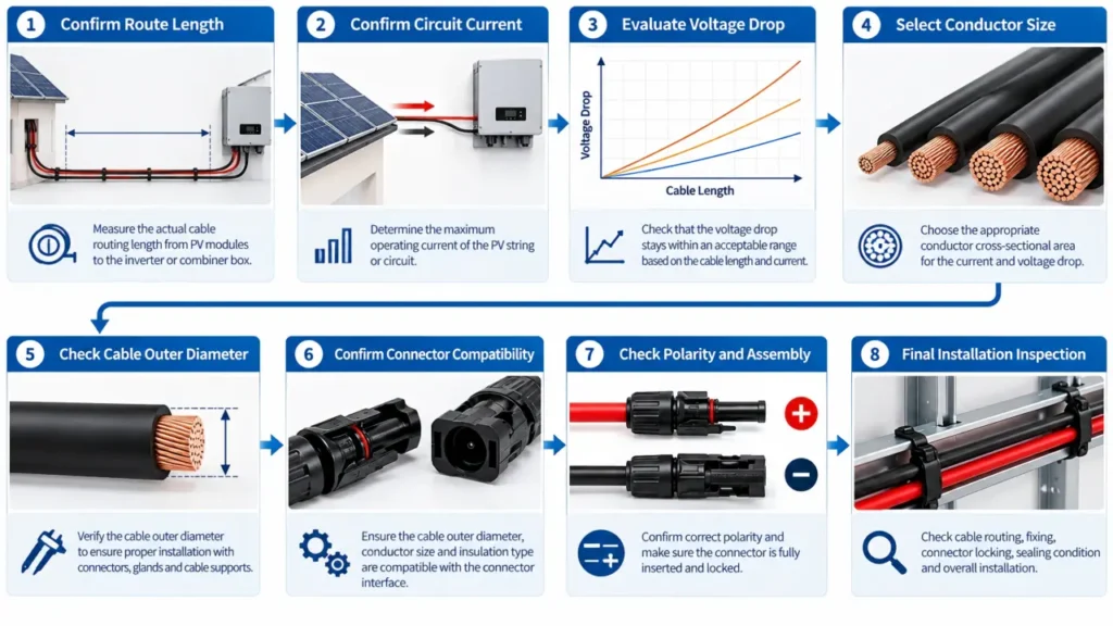 MC4 extension cable selection guide for length current wire size voltage drop and connector compatibility