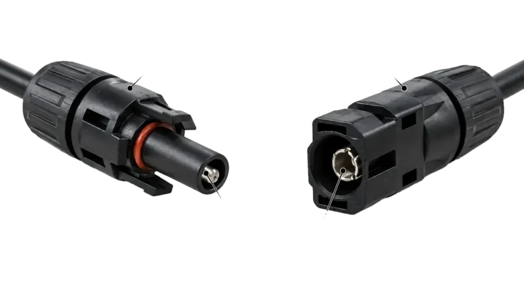 MC4 male and female connectors showing plug socket contacts and polarity differences