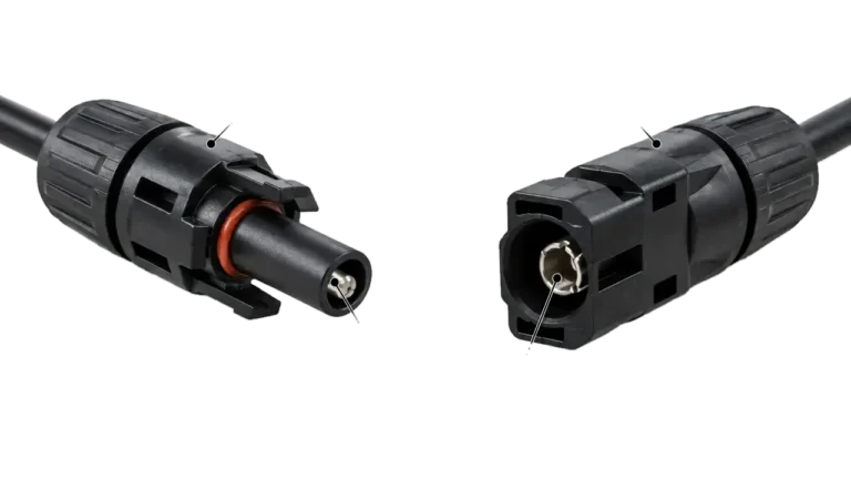 MC4 male and female connectors showing plug socket contacts and polarity differences