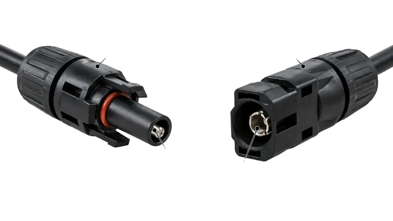 MC4 male and female connectors showing plug socket contacts and polarity differences