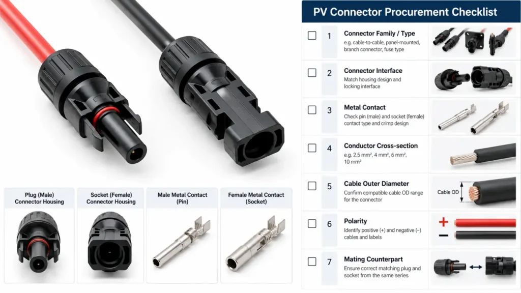 MC4 male and female connector selection checklist for model contact cable polarity and mating pair