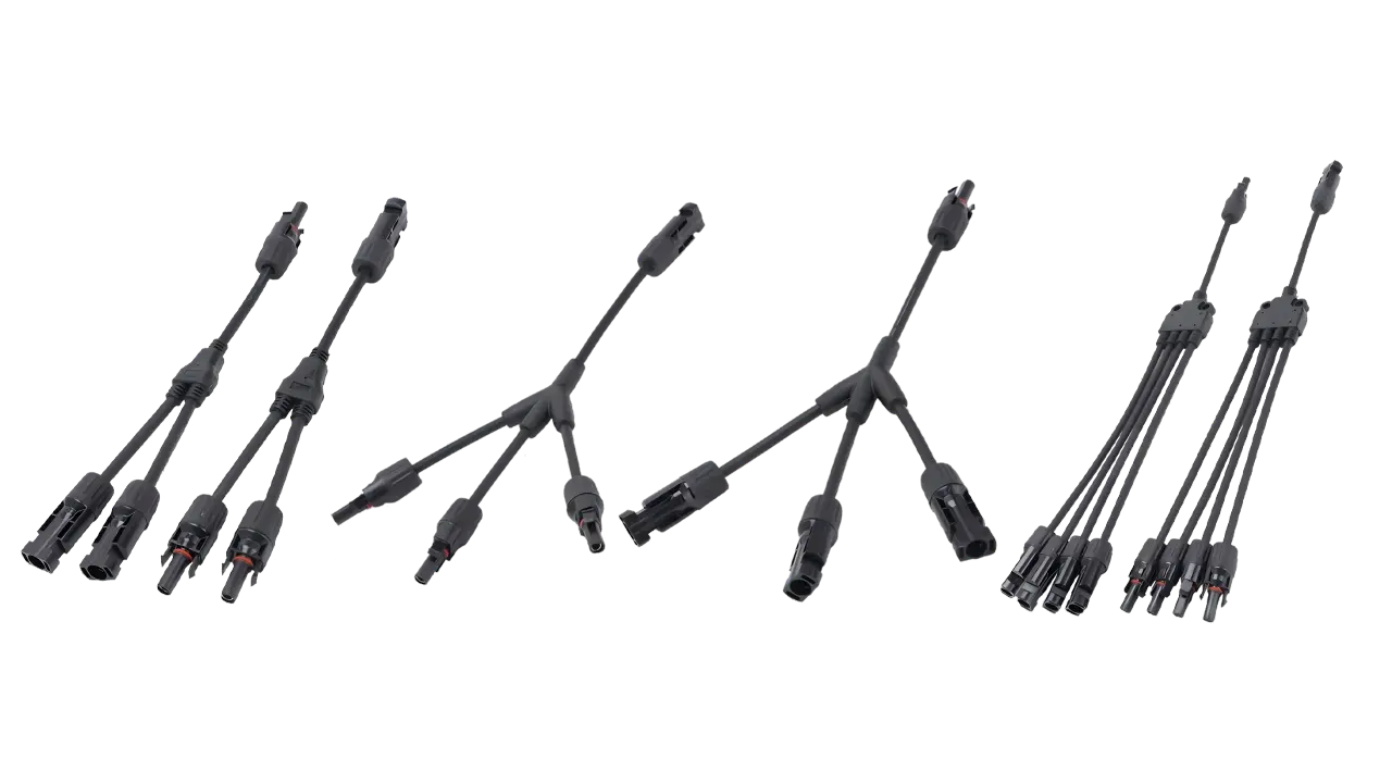 MC4 Y connector with 2-to-1 3-to-1 and 4-to-1 PV branch connector configurations