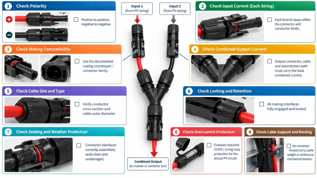 MC4 Y connector installation checklist for polarity combined current cable and connector compatibility