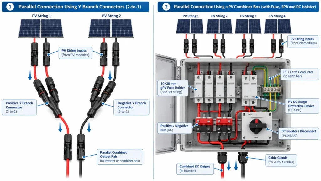 MC4 Y connector versus PV combiner box for parallel solar strings