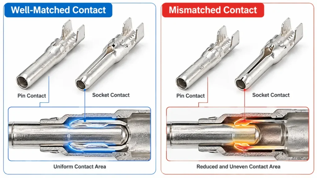 PV connector cross-mating diagram showing poor contact pressure and increased contact resistance
