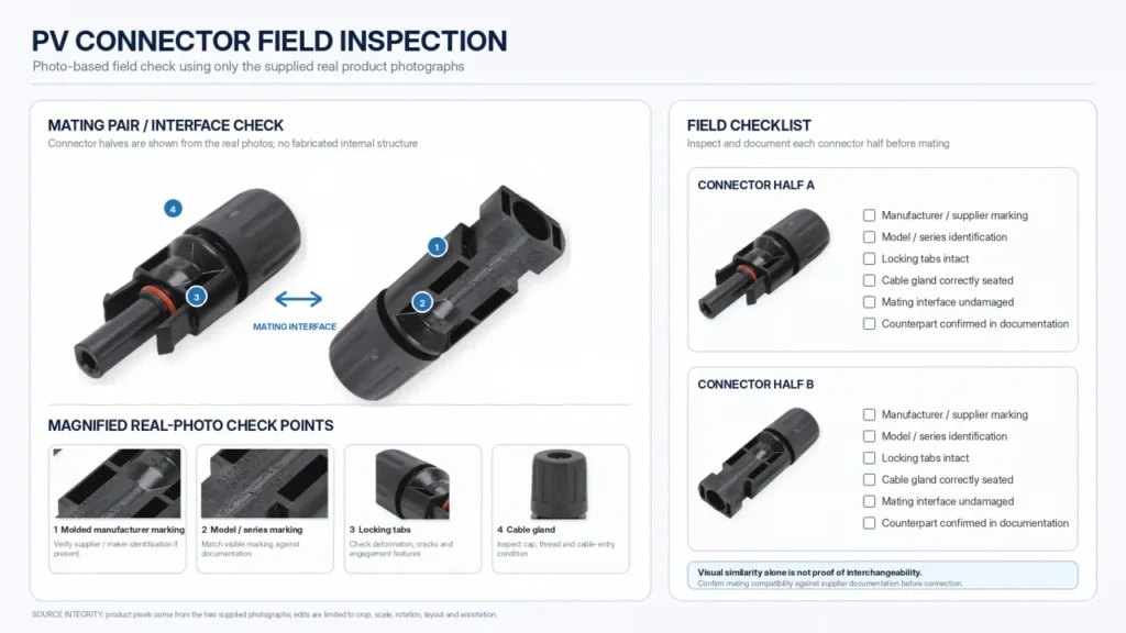 PV connector compatibility inspection showing manufacturer markings and both mating connector halves