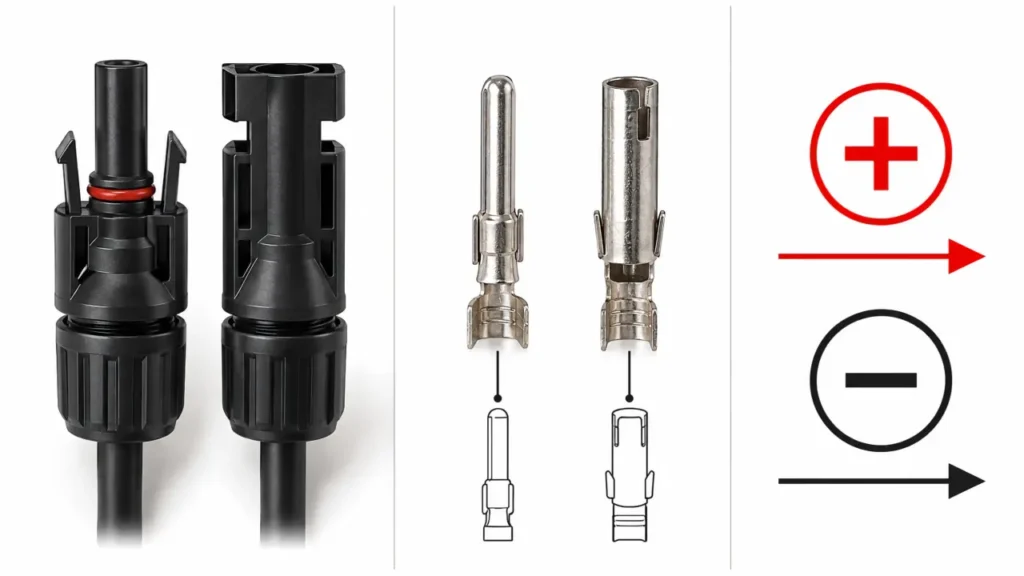 Difference between PV connector housing metal contact and electrical polarity