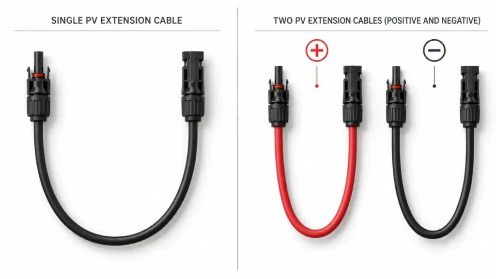 Solar panel extension cable showing single conductor versus positive and negative cable pair