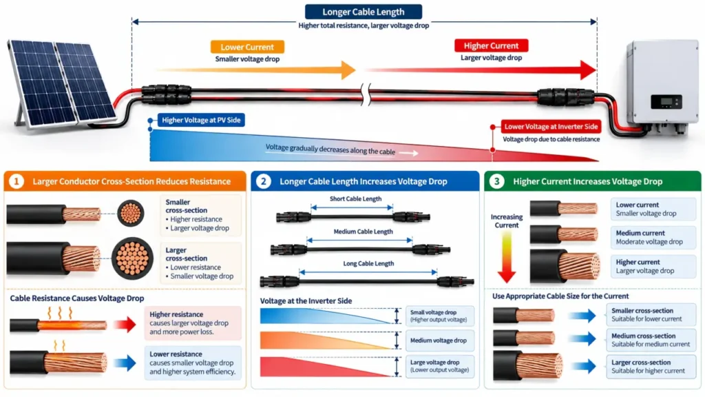 MC4 extension cable voltage drop relationship between cable length current and conductor size