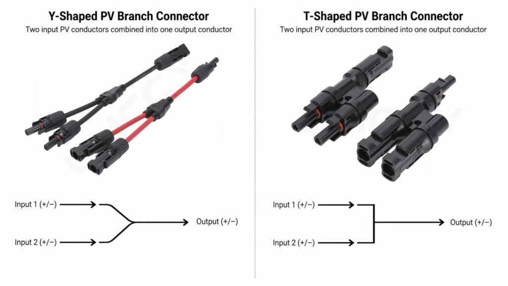 MC4 Y connector and T branch connector showing the same parallel PV connection function