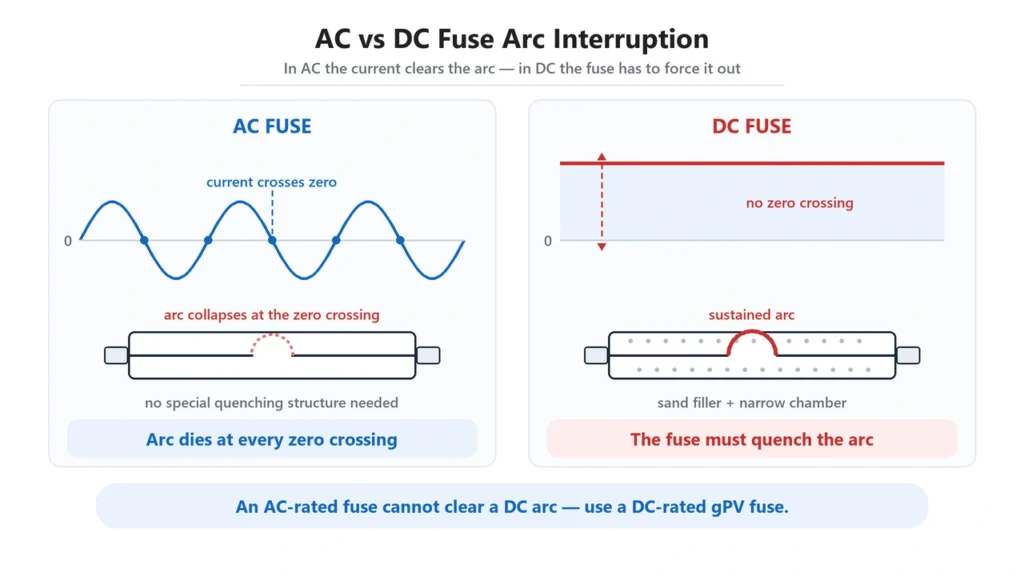 AC fuse vs DC fuse arc interruption difference
