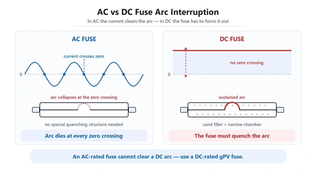 AC fuse vs DC fuse arc interruption difference