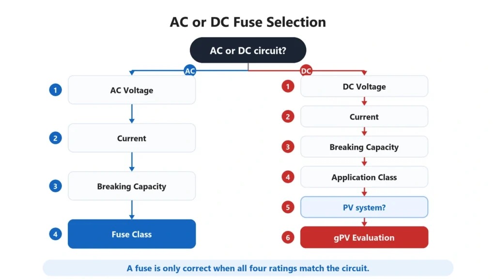 AC fuse vs DC fuse selection flowchart