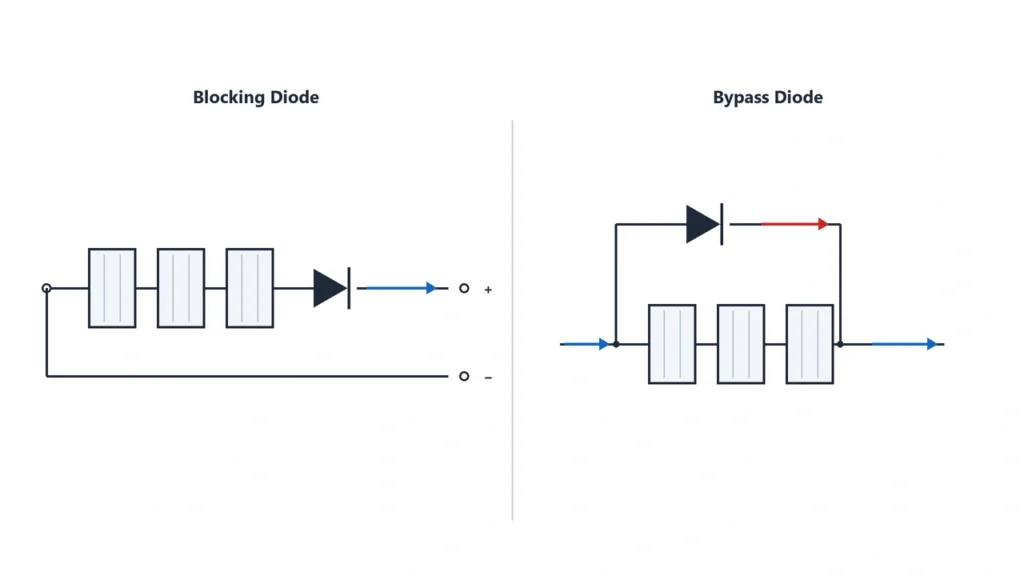 Solar blocking diode versus bypass diode wiring diagram
