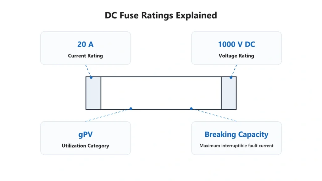 DC fuse current voltage and breaking capacity ratings
