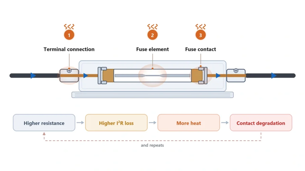 DC fuse holder contact resistance and overheating points