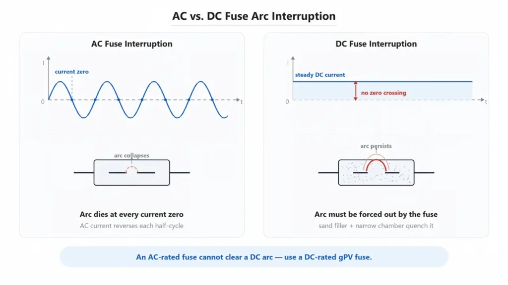 Difference between AC and DC fuse arc interruption