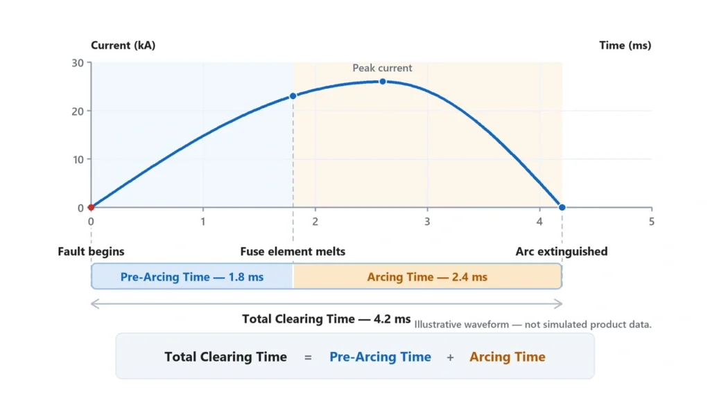 Fuse time current curve showing melting arcing and total clearing time