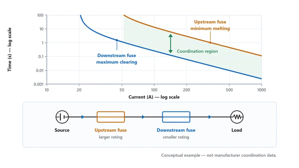 Fuse time current curve comparison for upstream and downstream fuse coordination
