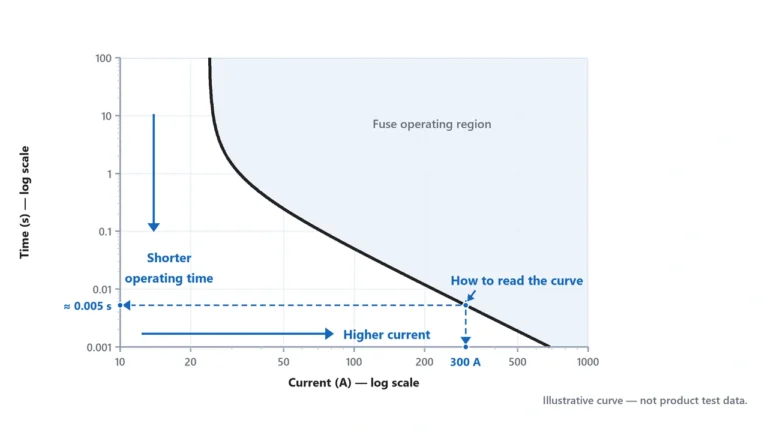 Fuse time current curve with logarithmic current and operating time axes
