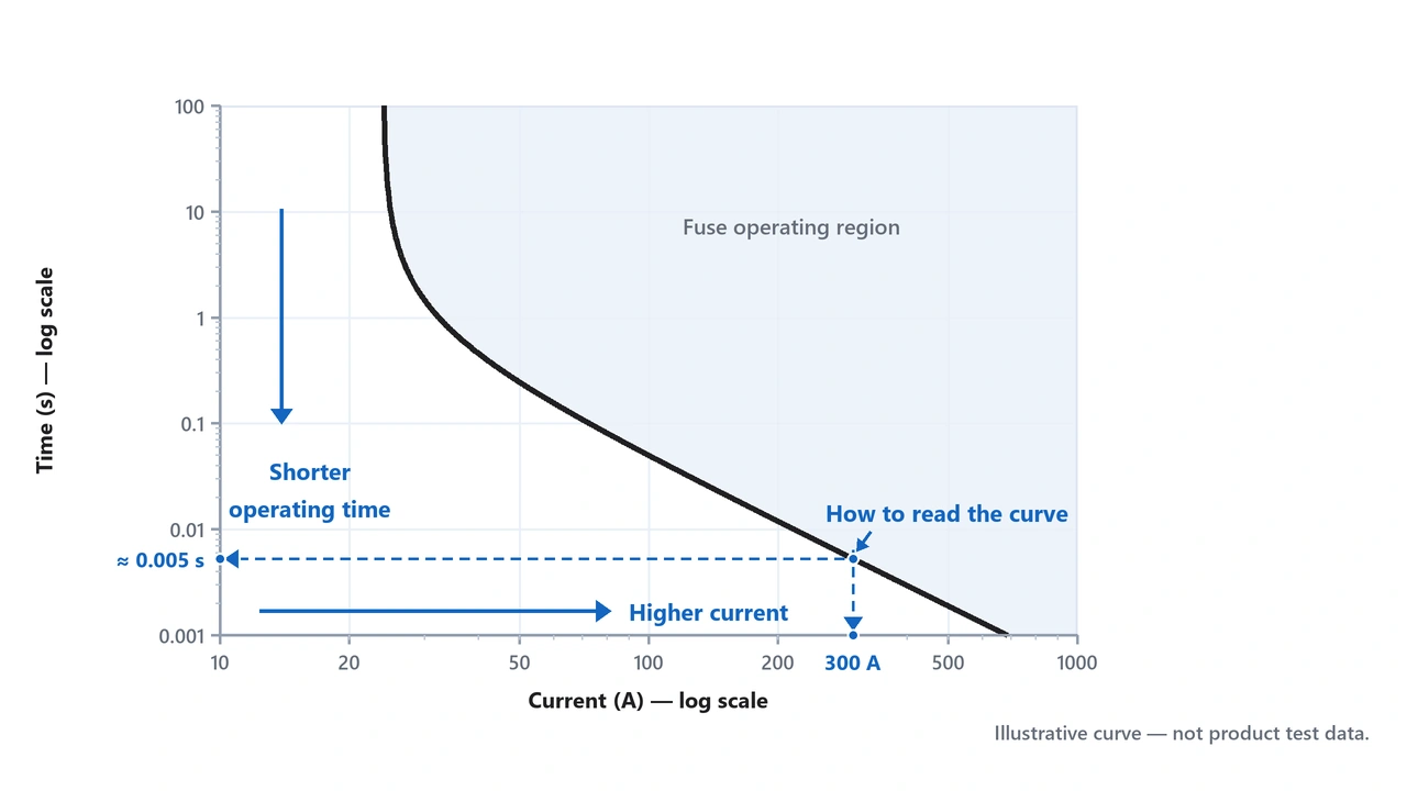 Fuse time current curve with logarithmic current and operating time axes