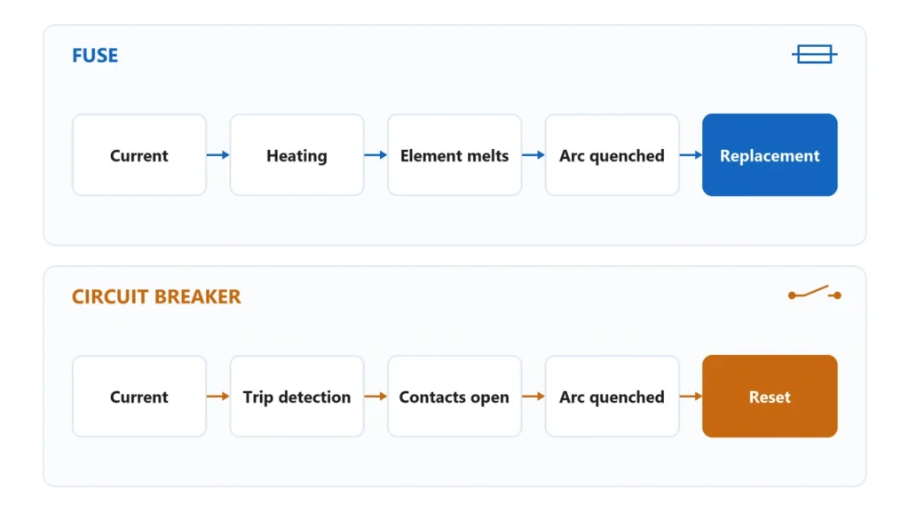 Fuse vs circuit breaker operating principle for DC protection